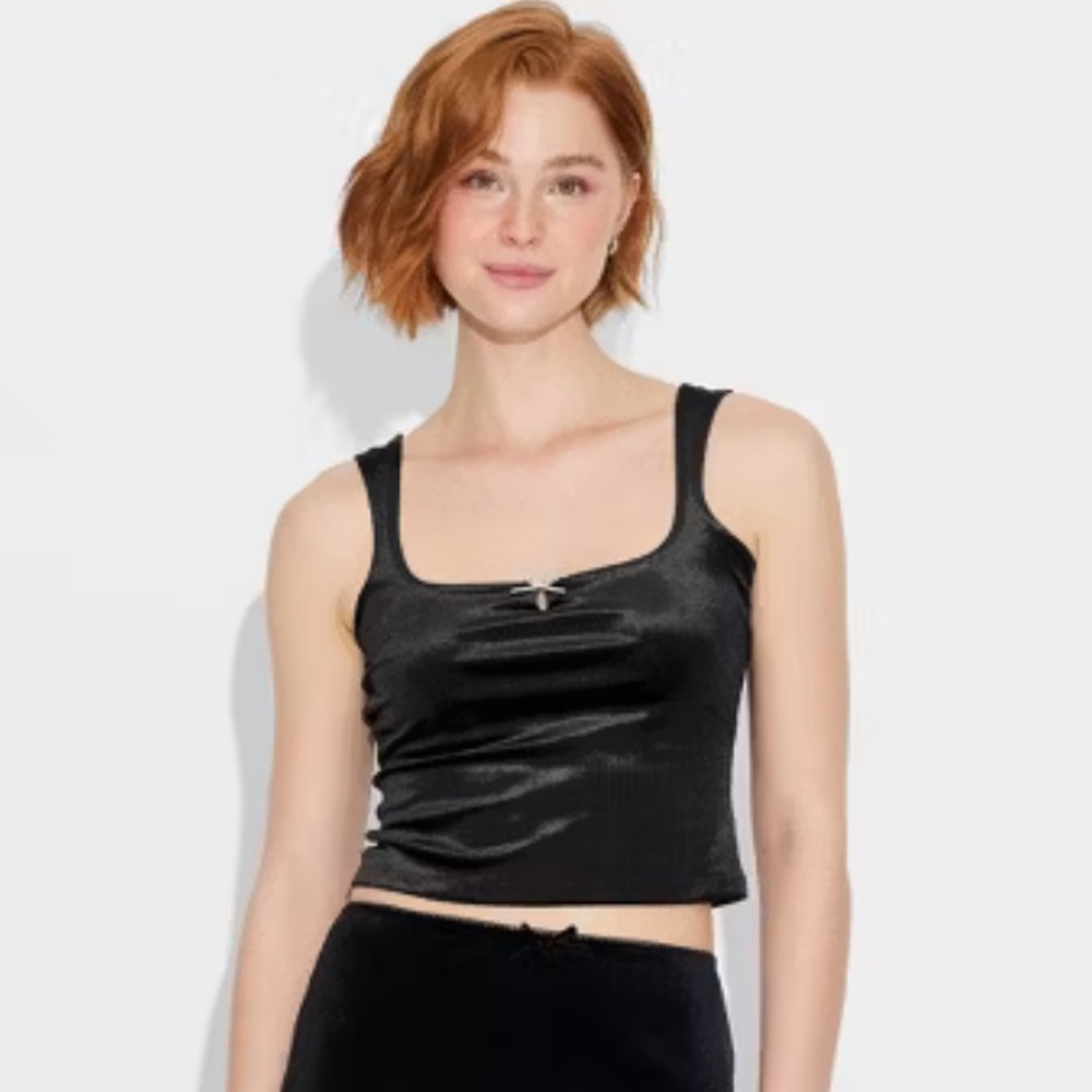 Wild Fable Black Tank Top Large New Velour Silver Bow Square Neck Fall Target